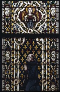 モンテフィオーレのジェンティル枢機卿（Gentile Partino da Montefiore, Gentilis of Monteflorum, ca. 1240-1312）が跪く - シモーネ・マルティーニ（ca. 1284-1344）によるステンドグラス、cm.570x400.アッシジの聖フランチェスコ聖堂、下部教会、聖ルイの礼拝堂、アッシジ 作： Simone Martini