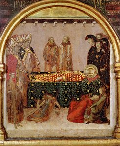 セントルイスオブトゥールーズ（1274-97）のプレデラパネルの死の日に病人を治癒させる、1317年のトゥールーズセントルイスの祭壇（パネル上のテンペラ） 作： Simone Martini