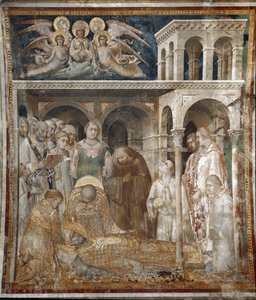聖マルティンの生涯のフレスコ画。聖マルティンの死。シモーネ・マルティーニ（1280-1344）の作品。フレスコ画 作： Simone Martini