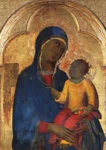 マドンナと子供、シモーネ・マルティーニ（1283-1344）によるサン・ドメニコの祭壇画の詳細、木製パネルにテンペラと金