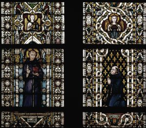パドヴァの聖アンソニー（1195-1231）とモンテフィオーレ枢機卿（Gentile Partino da Montefiore, Gentilis of Monteflorum, ca. 1240-1312）の跪き（パドヴァの聖アンソニーとGentile da Montefiore） - シモーネ・マルティーニ（ca. 1284-1344）によるステンドグラス、cm.57 作： Simone Martini