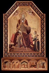 アンジュー（トゥールーズ）の聖ルイがナポリのロバート1世（1277～1343）を戴く シモーネ・マルティーニ（1284～1344年頃）の絵画 1317年 薄暗い 200x138 cm ナポリ、カポディモンテ美術館、 inv Q 34 作： Simone Martini