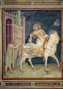 乞食にコートを分け与える聖マルティン。シモーネ・マルティーニ（1282-1344）によるフレスコ画。1315.アッシジの聖フランソワ下聖堂、聖マルティンの礼拝堂。座ってください。