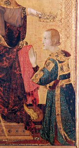トゥールーズの聖ルイ（1274-97）は、弟のロバートオブアンジュ（1278-1343）を1317年の聖ルイ祭壇（パネル上のテンペラ）から戴冠（183716の詳細） 作： Simone Martini