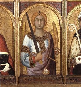 聖ミカエル、SSジェミニアヌス、ミカエル、アウグスティヌスの祭壇画より 1319年頃（パネルに金と銀のテンペラ）（58835の詳細 作： Simone Martini