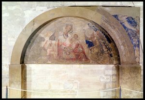 天使に囲まれたキリストの子との謙遜の聖母を描いたタンパナム、1341年 作： Simone Martini