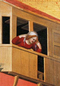 バルコニーに寄りかかる女性、「祝福されたアゴスティーノ ノヴェッロと彼の人生の物語」と題された祭壇画の詳細、シモーネ マルティーニ作 (1283-1344)、キャンバスに油彩、200x256 cm、1330 年頃 作： Simone Martini
