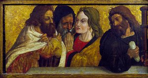 最後の晩餐、イタリア、バジリカータ州、サン・キリコ・ラパロ（ポテンツァ）のサンティ・ピエトロ・エ・パオロ教会、シモーネ・ダ・フィレンツェ作のポリプティクから、プレデッラの細部。 作： Simone da Firenze