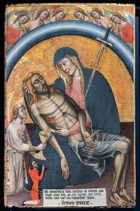 シモーネ・デイ・クロチフィッシ作、クライアント、イオハネス・デ・エルティンルとの死んだキリストの嘆き、c。 1368. 処女は、心に剣を持った悲しみの聖母として表されます。 作： Simone dei Crocifissi