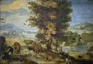 羊飼いと動物のいる風景（銅に油彩） 作： Sinibaldo Scorza