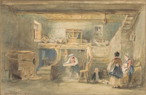 とうもろこしをふるう男と Pitlessie Mill の内部 作： Sir David Wilkie