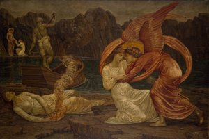 キューピッドとプシュケ - 宮殿の緑の壁画 - プロセルピナから棺を受け取ったプシュケ、1881年。 作： Sir Edward Coley Burne Jones
