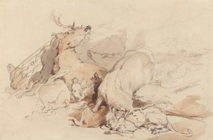シカを攻撃する猟犬とハンター 作： Sir Edwin Henry Landseer