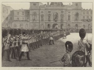 女王陛下の誕生日にセントジェームズパークで色を軍隊で守る警備員 作： Sir John Charles Robinson