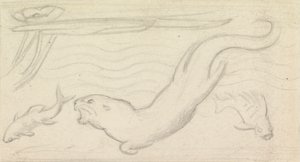 ステンドグラス習作、カワウソと二匹の魚 作： Sir John Everett Millais