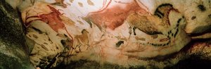 ラスコーの洞窟、軸の回廊の壁に沿って戯れる赤い牛と中国の馬。 作： Sisse Brimberg