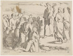 モーセは人々に律法の表を示します 聖書の場面（シリーズタイトル） Historia del Testamento Vecchio / Dipinta in Roma nel Vaticano da Raffaelle di Urbino (...) (シリーズタイトル) 作： Sisto Badalocchio