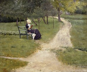 ベンチで読書する女性（キャンバスに油彩） 作： Sofie Thomesen Werenskiold