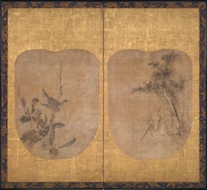 17 世紀半ば、木の下に道教の聖者、枝にタカがいる。 作： Soga Nichokuan