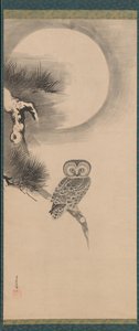 松の枝にとまるフクロウ、17世紀初頭。 作： Soga Nichokuan
