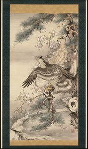 鷹と枝と花のペア 作： Soga Shohaku