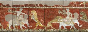 Sogdia - Sogdiana- Sogdian Art: Varakhshaの宮殿の赤のホールの壁画。フラグメント（断片）。フレスコ画、7-8世紀、サンクトペテルブルク、国立エルミタージュ美術館 作： Sogdian Sogdian