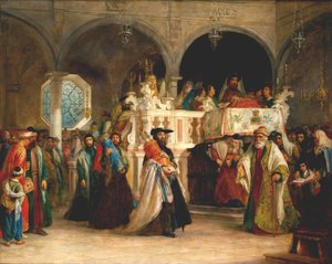イタリア、レグホルンのシナゴーグでの律法の喜びの饗宴、1850 作： Solomon Alexander Hart