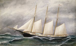 1891年、ボストン（米国マサチューセッツ州）でニューポート（米国ロードアイランド州）の石炭商のために進水したスクーナー船「ロバート・イングル・カーター号」。 作： Solon Francis Montecello Badger