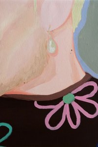 金髪の女性とピンクの花 作： 