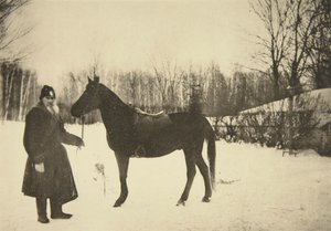 ロシアの作家レオトルストイと馬、ヤスナヤポリアナ、ロシアのトゥーラ近郊、1905年。 作： Sophia Andreevna Tolstaya