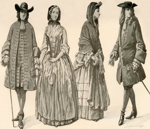 チャールズ2世、ジェームズ2世、ウィリアムとメアリーの統治時代の服1682-1700、1903、1937。 作： Sophie B. Steel