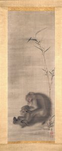 猿の毛づくろいの子孫（シルクにインクと色） 作： Sosen Mori