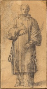 本とヤシの葉を持って立っている聖人 作： Spanish 17th Century