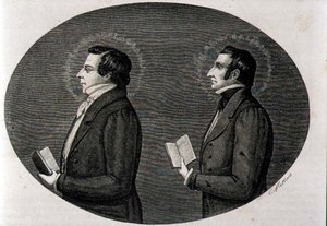 (左）モルモン教会の創設者ジョセフ・スミス（1805-44）と弟のハイラム（『La Vuelta al Mundo』より）。 作： Spanish School