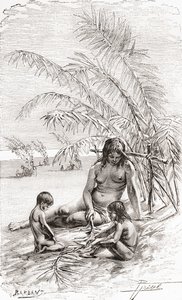 エクアドルのナポ川のほとりにある砂州のサパラ先住民の家族