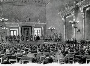 1892年にカタルーニャ地方憲法を制定するための16のベースを起草するために、マンレサ市庁舎に集まったカタルーニャの民族主義者たちの集まり。Jaume Pahissaによるドローイング。 作： Spanish School