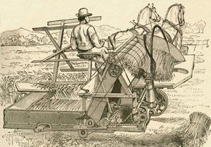 Uma máquina de colheita, puxada por cavalos, que amarrava as roldanas de milho mecanicamente, usada no final do século XIX. De El Museo Popular publicado Madrid 作： Spanish School