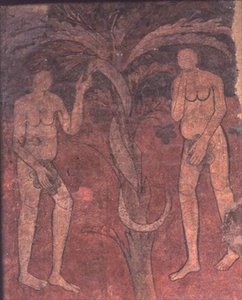アダムとイブ、罪の起源、中央身廊の後陣にある凱旋門の壁画、Sta。 マリア・デ・バルベラ（壁画） 作： Spanish School