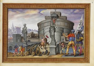 追加 33733 f.8 「シャルル 5 世の勝利」のイラスト、1556～75 年頃 (羊皮紙に水彩でペンとインク) 作： Spanish School