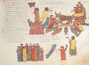 聖イシドルの西ゴート族モザラビック聖書からの黄金の子牛の崇拝、第46巻、AD 960（ベラムのテンペラ） 作： Spanish School