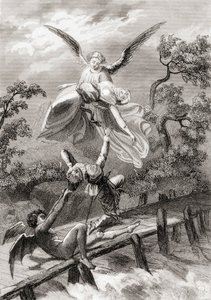 悪魔がアルバイシンのサクリスタンを捕らえている間、アミナは天使に運ばれます（リソ） 作： Spanish School
