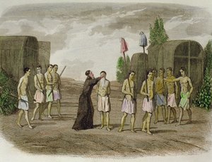 トゥピナンバ族の先住民族の奴隷が、1550 年にバイーアの近くでイエズス会の司祭から洗礼を受けている 作： Spanish School