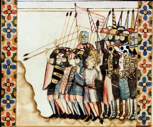 Armee des croises 聖母マリアの歌（Cantigas de Santa Maria）の写本のページの詳細 聖母マリアとその奇跡に捧げられた細密画を飾るもので、賢者アルフォンソ10世（1221-1284）の下で再制作された歌集。 作： Spanish School