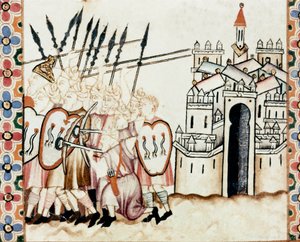 都市を守るムーア人の軍隊 聖マリアの歌（Cantigas de Santa Maria）の写本のページの詳細 聖マリアとその奇跡に捧げられた細密画を飾る、アルフォンソ10世の統治下で作られた歌のコレクションです。 作： Spanish School