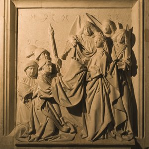 聖イデルフォンソの浅浮き彫り、1507年、コルドバのラメスキータの内部であるチャスブルを受け取りました。 作： Spanish School