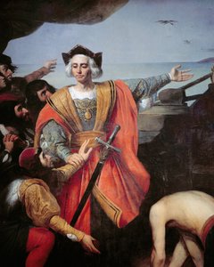 1492 年 10 月 12 日、キャラベル船に乗ったクリストファー・コロンブスがグアナハニ島 (サン サルバドル) を指し示す、詳細 (キャンバスに油彩) 作： Spanish School
