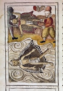 メキシコ征服の写本：イツカウツィンとモンテスマ（モクテスマ2世）アステカ皇帝（1466-1520）の遺体がスペイン人によって宮殿から投げ出される。 作： Spanish School