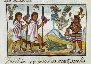 メキシコ征服の写本：ツィナカントランで変装した商人たち。ベルナルディーノ・デ・サハグンによるフィレンツェ写本「アステカの歴史」のミニチュア。 作： Spanish School
