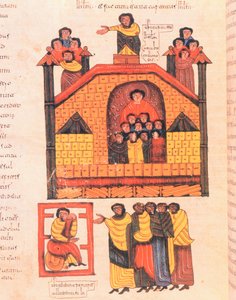 ネブカドネザルによるエルサレムの征服、および聖イシドルの西ゴートモザイブ聖書（AD 960（ヴェルムのテンペラ））から市の要人283vを受け取った預言者エレミヤ