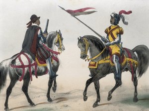 DE SOTTO, Serafin Maria, Earl of Clonard (1793 - 1862).スペイン幼年・少年・騎兵武器組織史。1851 - 1859.スペインのフィリップ2世時代の騎兵隊。「Heraldo de caballeria"（騎兵隊の紋章）と "hombre de armas"（騎兵隊の紋章）。 作： Spanish School